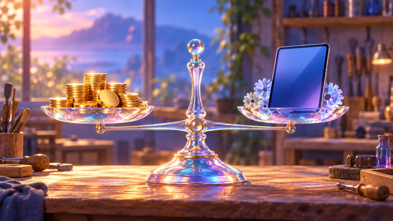 Two iridescent glass scale pans compare a pile of coins and a small custom digital tool