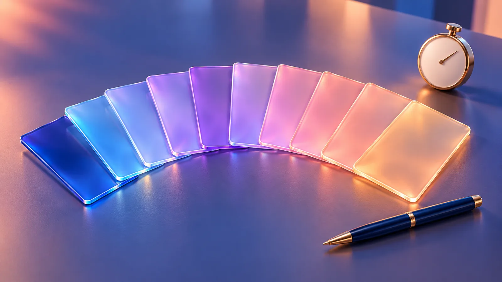 Dix cartes translucides disposées en éventail sur une table, chacune éclairée d'une couleur différente, avec un stylo posé à côté