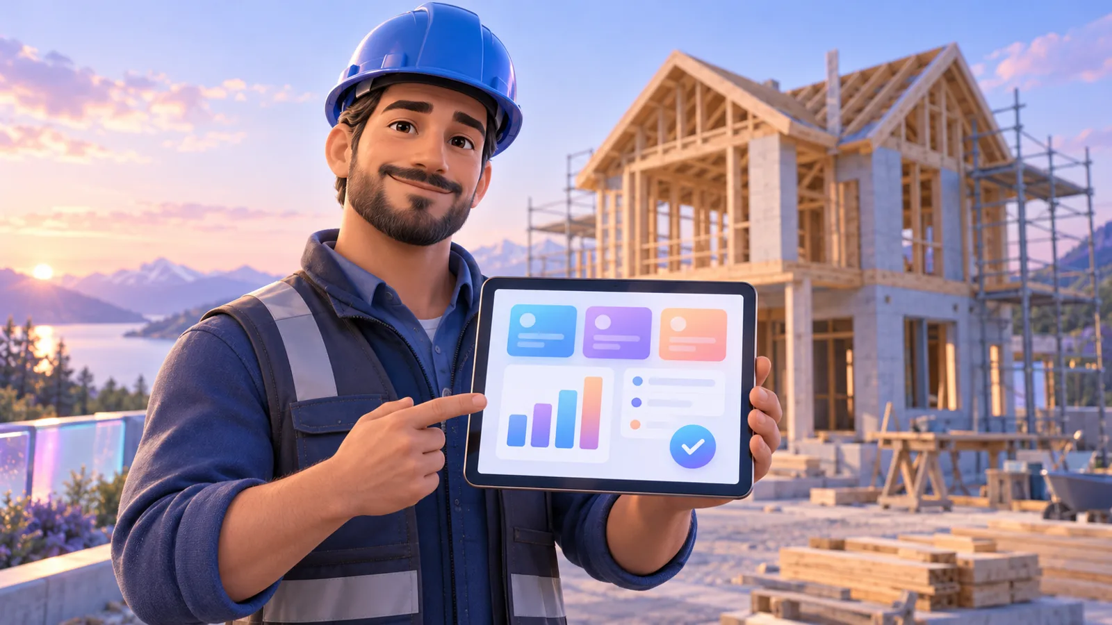 A site manager uses a tablet with a quote tool on a job site
