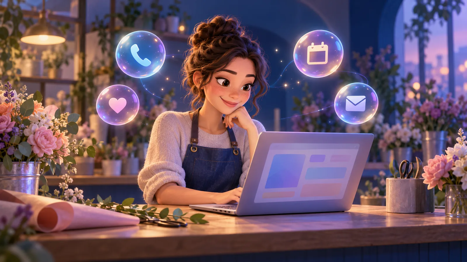 Une fleuriste reçoit des messages de nouveaux clients autour de son ordinateur portable